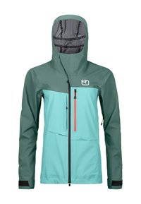 Waterproof jacket made of teal and dark green fabric with a hood, features a front zip, an orange zippered pocket, and adjustable cuffs.