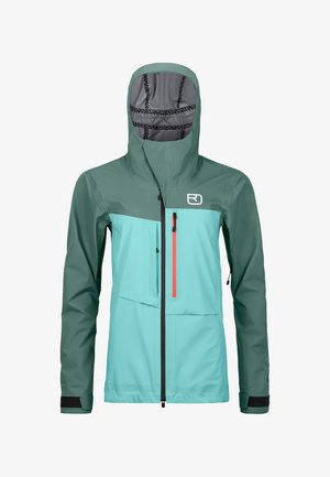 Wasserdichte Jacke aus türkisfarbenem und dunkelgrünem Stoff mit Kapuze, verfügt über einen Frontreißverschluss, eine orangefarbene Reißverschlusstasche und verstellbare Bündchen.