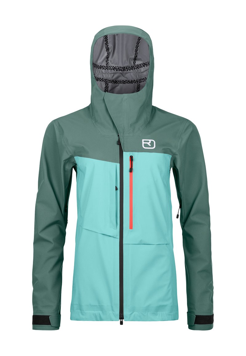 Waterproof jacket made of teal and dark green fabric with a hood, features a front zip, an orange zippered pocket, and adjustable cuffs.