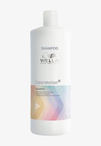 Weiße Flasche mit Wella Professionals Color Motion+ Shampoo, gestaltet mit einem mehrfarbigen Diagonalstreifen und Text, der Farbschutz anzeigt, 1 Liter.