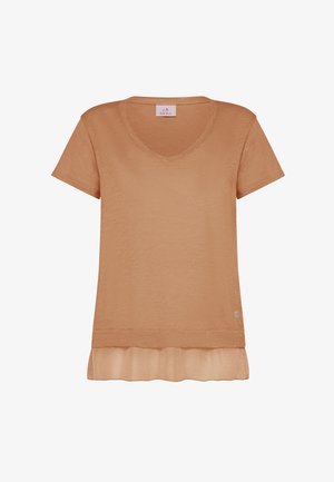 Lichtbruin T-shirt met korte mouwen en V-hals, voorzien van een gelaagde zoom en zacht, gestructureerd stof. Logodetail onderaan rechts.