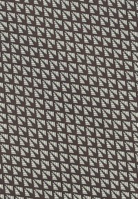 Tkanina z powtarzającym się geometrycznym wzorem białych stylizowanych liści na ciemnobrązowym tle, o miękkiej strukturze i gęstym splocie.