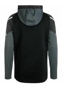 Felpa sportiva nera con accenti grigi. Caratterizzata da cappuccio aderente, maniche lunghe e pannelli sulle spalle con texture. Finitura in tessuto liscia.