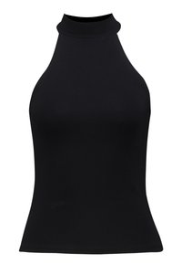 Haut noir à col licou en tissu extensible et lisse. Coupe ajustée avec un col haut et sans coutures ni motifs visibles.