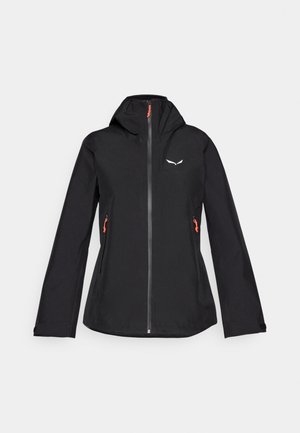 Black waterproof jacket with a zip closure, adjustable hood, orange accents, and side pockets. Smooth texture with a minimalist design.