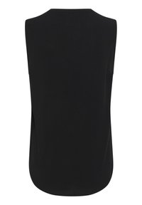 Top negro sin mangas en una tela suave con escote redondeado y dobladillo curvado, que presenta un diseño simple y liso sin patrones ni acentos.