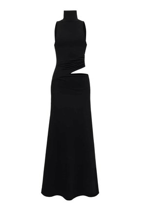 Czarna sukienka bez rękawów z wysokim dekoltem, dopasowanym gorsetem, drapowanym wzorem i asymetrycznym wycięciem. Wykonana z gładkiej tkaniny, o sylwetce sięgającej podłogi.