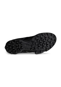 Schwarze Sportschuhsohle mit einem strukturierten Design und dreieckigen Stollen für Traktion, aus Gummi mit einer glatten, langlebigen Oberfläche.