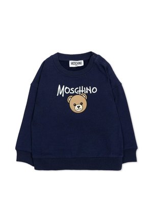 Felpa neonati Moschino blu navy con grafica della faccia di un orsetto e il nome del marchio sopra, in lettere bianche.