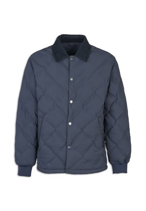 Navy quilted puffer jacket with a corduroy collar, snap button front closure, elastic cuffs, and side pockets. Smooth texture.