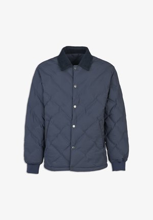 Navy quilted puffer jacket with a corduroy collar, snap button front closure, elastic cuffs, and side pockets. Smooth texture.