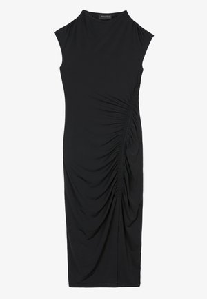 Black, sleeveless dress with a high neckline. Features side ruching and a slim fit. Made from a smooth, stretchy fabric.