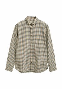 Rutet skjorte med knapper i beige, blå og brun. Den har en spids krave, en enkelt brystlomme og lange ærmer med knapmanchetter.