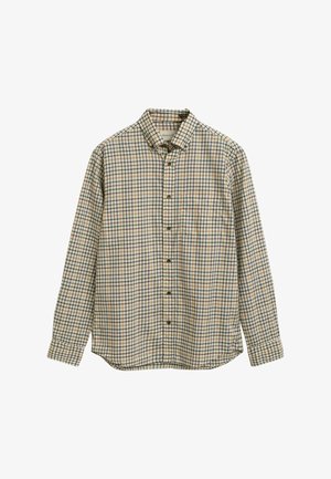 Koszula w kratę zapinana na guziki w kolorze beżowym, niebieskim i brązowym. Posiada wywinięty kołnierz, pojedynczą kieszeń na piersi oraz długie rękawy z zapięciem na guziki.