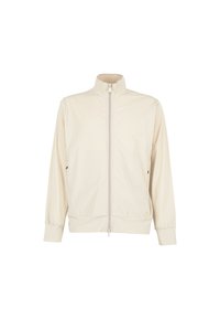 Giacca beige chiaro con colletto alto, zip frontale completa, polsini elasticizzati e tasche laterali; realizzata in tessuto liscio con un design minimalista.