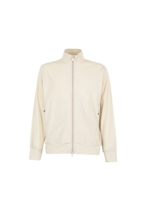 Giacca beige chiaro con colletto alto, zip frontale completa, polsini elasticizzati e tasche laterali; realizzata in tessuto liscio con un design minimalista.