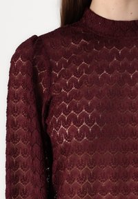 Burgunderfarvet bluse i blonder med høj hals, prydet med blomsterdesign og teksturerede ærmer, der fremhæver intrikate sting og gennemsigtige detaljer.