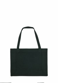 Zwarte canvas draagtas met twee stevige handvatten, rechthoekige vorm en een gladde textuur. Geen zichtbare patronen of versieringen.
