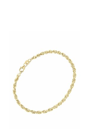 Goldkette-Armband mit miteinander verbundenen runden Gliedern, ausgestattet mit einem Karabinerverschluss für sicheren Halt. Glatte Textur mit glänzender Oberfläche.