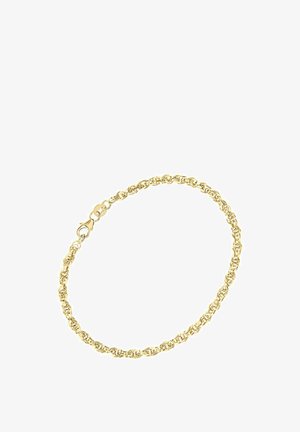 Gouden armband met onderling verbonden ronde schakels, voorzien van een karabijnsluiting voor een veilige sluiting. Gladde textuur met een glanzende afwerking.