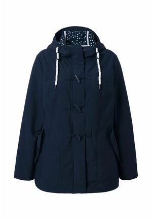Marineblaue Kapuzenjacke mit weißen Kordeln, Knebelverschlüssen, vorderen Taschen und gepunktetem Innenfutter in der Kapuze.