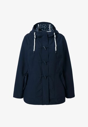 Marineblaue Kapuzenjacke mit weißen Kordeln, Knebelverschlüssen, vorderen Taschen und gepunktetem Innenfutter in der Kapuze.