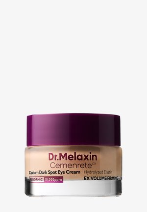 Pequeño frasco de crema Dr. Melaxin Cemenrete con tapa morada etiquetado para crema de ojos para manchas oscuras con calcio y tratamiento reafirmante.