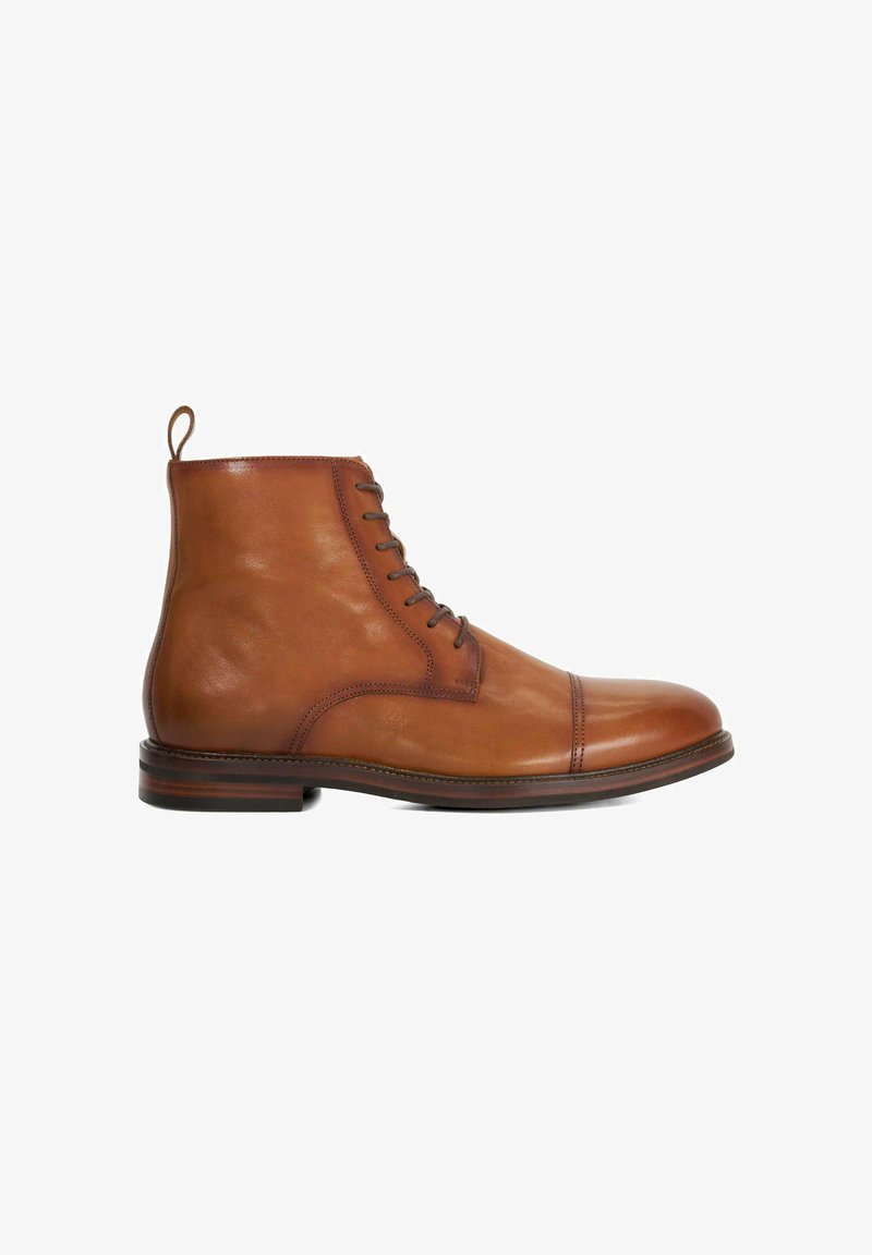 Brown leather ankle boots with rounded toe, lace-up design, and small pull tab at the back. Smooth texture with subtle stitching accents.