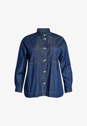 Denim srajca v temno modri barvi, ki ima gumbe spredaj, dva žepa na prsih, dolge rokave in detajle v oranžni barvi. Zasnova z ovratnikom.