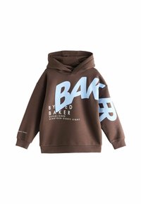 Hnědá mikina s velkým bílým a světle modrým textem, oversized design, velká kapuce a žebrované manžety a lem. Vhodná pro volný čas.