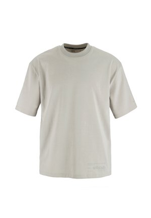 Light gray cotton t-shirt with a round neckline, short sleeves, and a relaxed fit. Features small branding near the hem.
