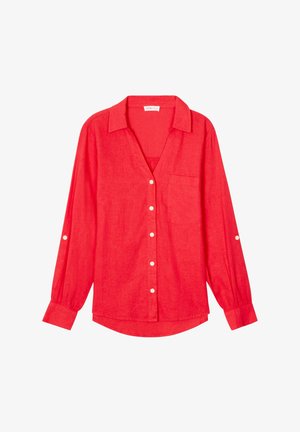 Red linen long-sleeve shirt with a collar, button front, single chest pocket, and buttoned cuffs. Features a relaxed fit and lightweight texture.