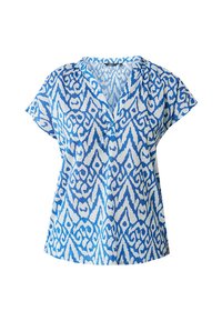 Blusa a maniche corte blu e bianca con scollo a V e vestibilità ampia, caratterizzata da disegni astratti in diverse tonalità di blu.