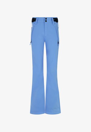 Hellblaue Skihosen aus weichem, flexiblem Material mit ausgestellter Form, zwei seitlichen Reißverschlusstaschen und einem schwarzen Bund mit Knöpfen.