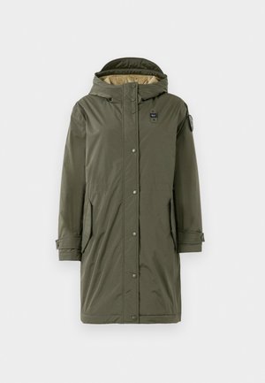 Giacca parka verde oliva con cappuccio, dotata di bottoni a pressione, due tasche laterali e una texture liscia. Foderata con un tessuto di colore chiaro.