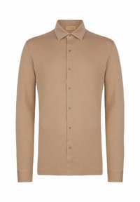 Camicia beige a maniche lunghe con colletto standard, caratterizzata da una texture liscia e cinque bottoni frontali. Design semplice e minimalista.