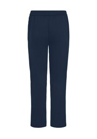 Tumedate sinise elastse vöödega püksid, sirge säärega disainiga, millel on sile tekstuur ja nähtavad taskud või dekoratiivelemendid puuduvad.