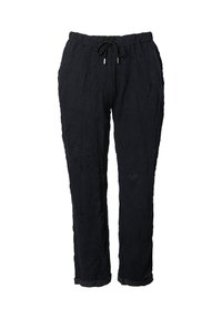 Czarne, lekkie spodnie z marszczonego materiału z elastycznym paskiem i sznurkiem. Dopasowane w kostce z tapered leg design.