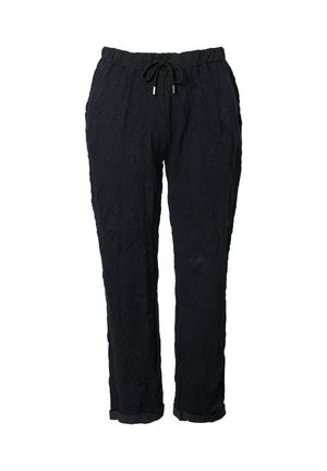 Pantalones de tela negra, ligera y arrugada, con cintura elástica y cordón. Ajustados en el tobillo con un diseño de pierna cónica.