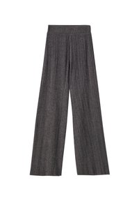 Szerokie spodnie w ciemnoszarym materiale, z teksturowanym wzorem i elastycznym pasem dla komfortu i swobody noszenia.