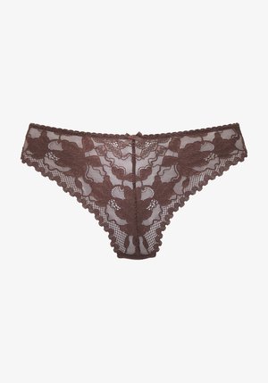 Brun blonder kvindeligt undertøj med blomstertryk og bølgede kanter, med en lille dekorativ sløjfe foran i midten.