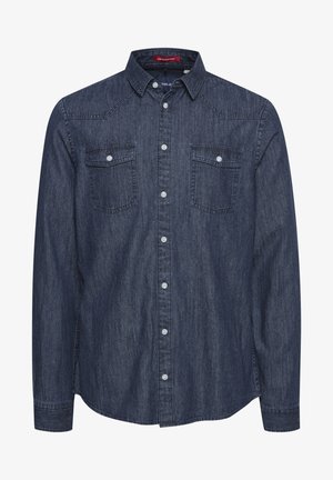 Dark blue denim button-up shirt featuring a spread collar, two chest pockets, and long sleeves with buttoned cuffs. Smooth texture.