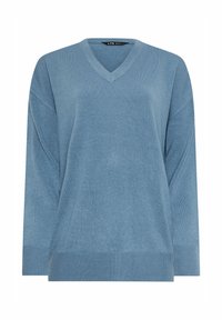 Sweter z dekoltem w serek w miękkiej niebieskiej tkaninie, z opuszczanymi ramionami, długimi rękawami oraz prążkowanymi wykończeniami na mankietach i dole.