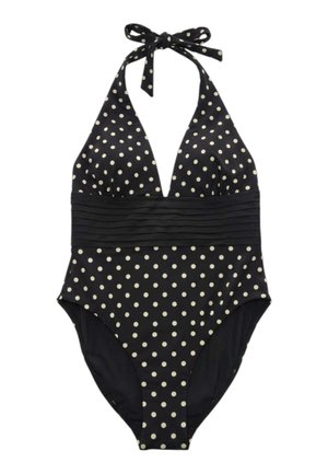 Costume intero nero con pois bianchi, scollo profondo a V, laccio halter al collo e ampia fascia arricciata sulla vita.