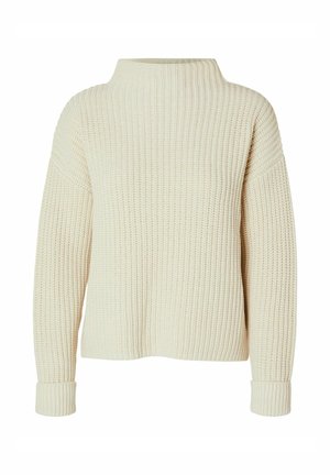 Kuscheliger, cremefarbener Pullover aus dickem Strick mit hohem Kragen, schultertiefen Ärmeln und gerippten Bündchen. Der strukturierte Stoff sorgt für ein weiches, gemütliches Aussehen.