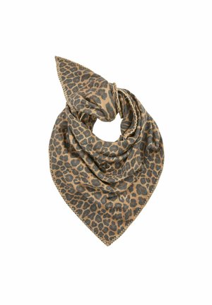 Écharpe en imprimé léopard beige et noir, en tissu léger, de forme triangulaire avec des bords cousus, conçue pour des options de style polyvalentes.