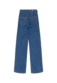 Jeans anchos azules hechos de denim, con una cintura alta, dos bolsillos traseros y una etiqueta en la cinturilla. Acabado texturizado.