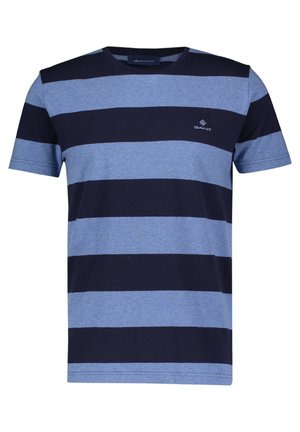 Niebiesko-biały t-shirt w paski wykonany z bawełny, z okrągłym dekoltem i logo GANT po lewej stronie na piersi. Krótkie rękawy.