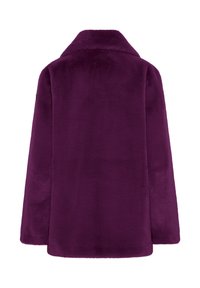 Fioletowy płaszcz z polaru o miękkiej strukturze, z klapami, długimi rękawami i prostym krojem, idealny do noszenia na co dzień.
