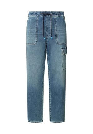 Helle blaue Denim-Jogginghosen mit einem elastischen Bund, Kordelzug, zwei Vordertaschen und einer seitlichen Cargo-Tasche. Glatte Textur, lockere Passform.